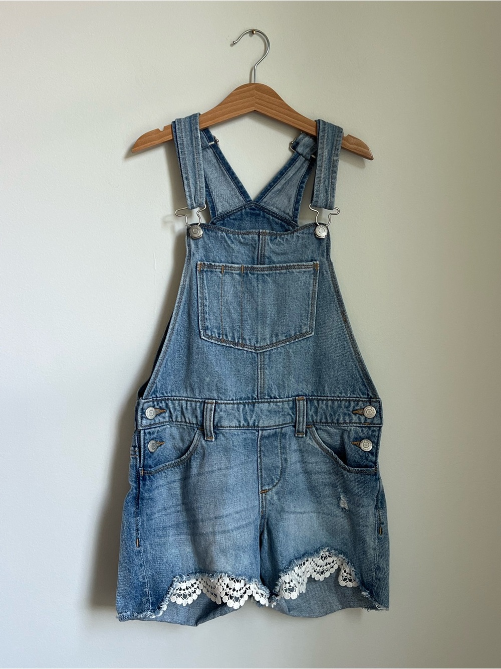 Old Navy | Kids Blue Denim Overalls Shorts Lace Distressed Detail Large (10-12)
